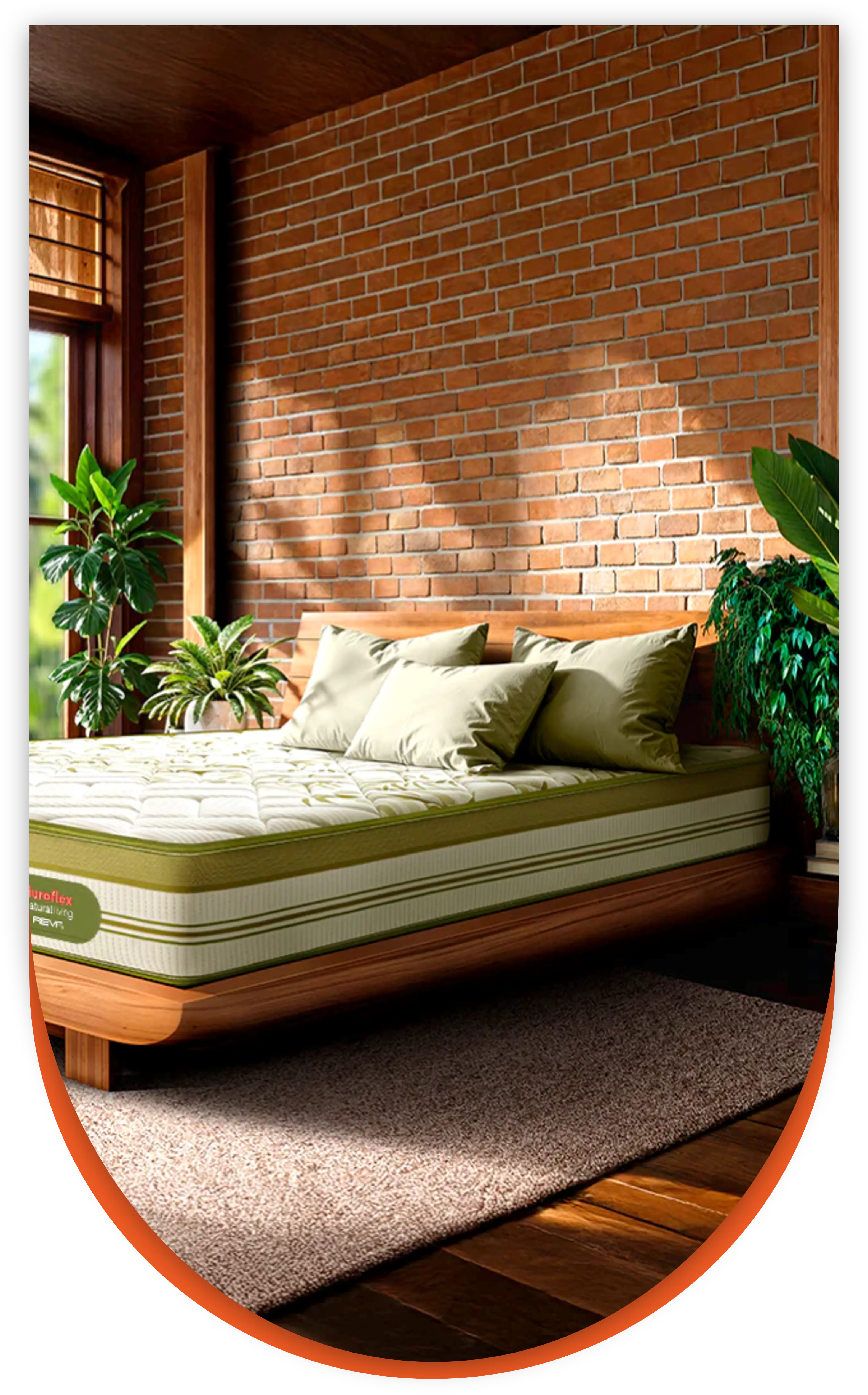 Duroflex mattress on a wooden bed with plants and brick wall