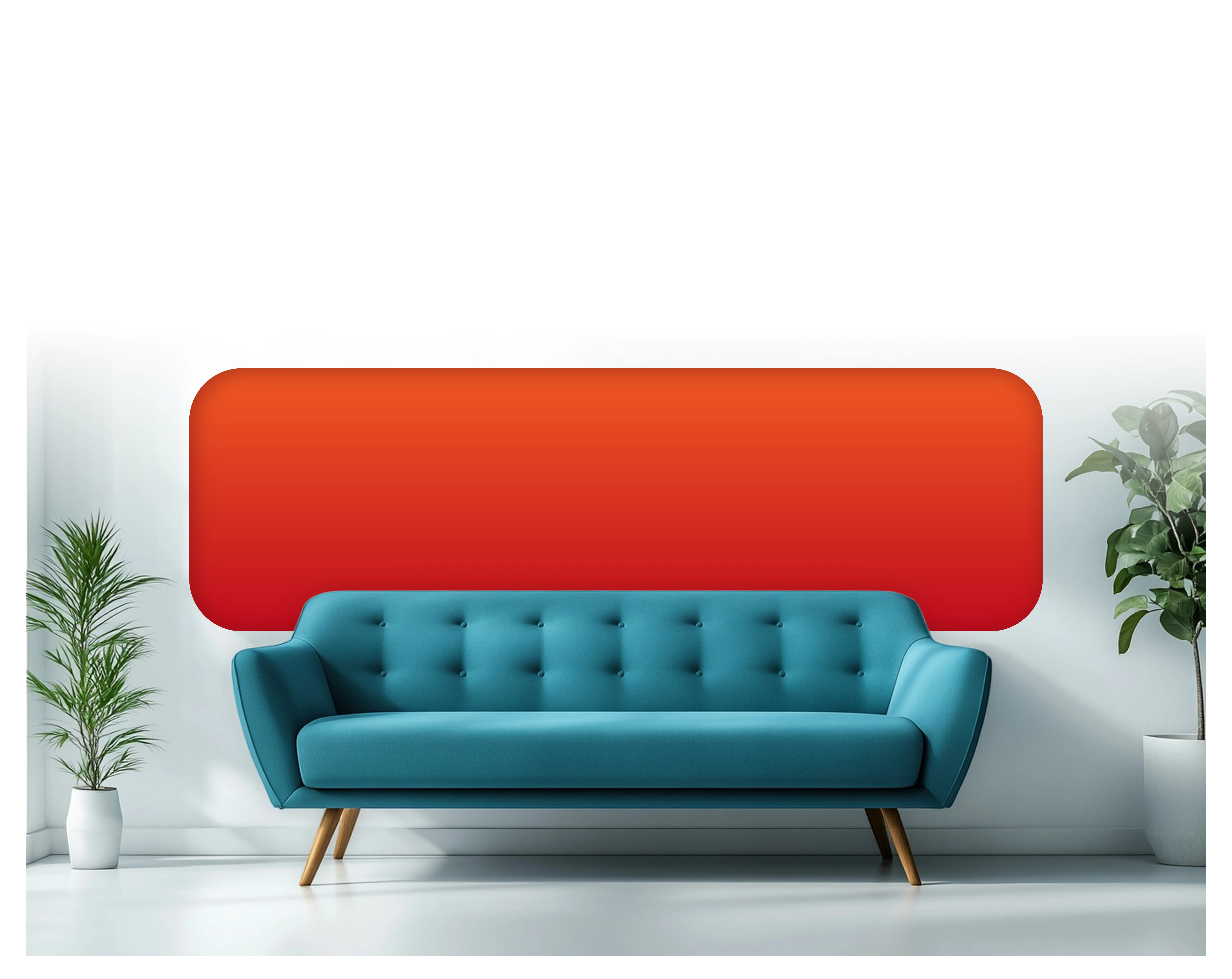 Teal sofa in a bright room with plants