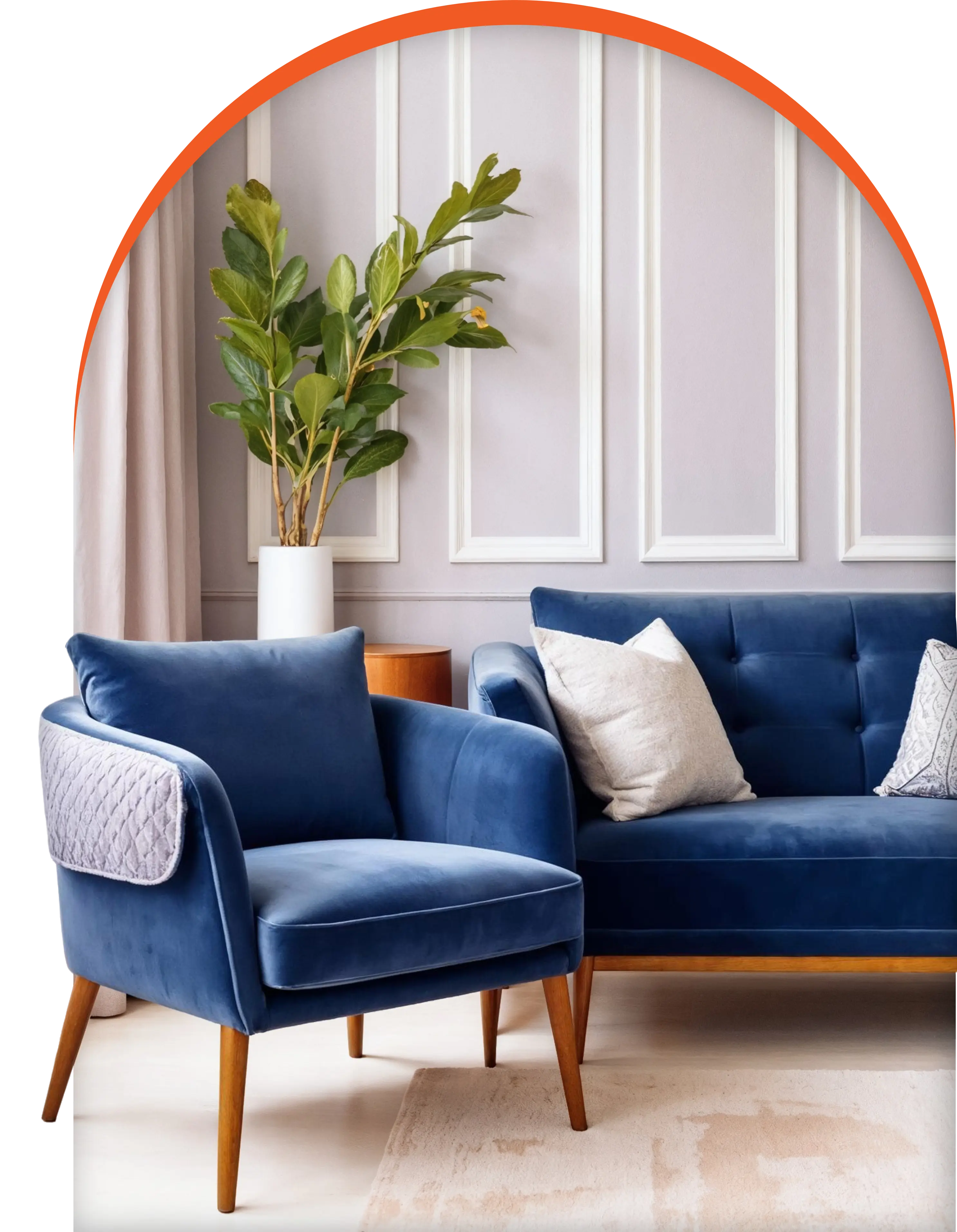 Blue sofa in a stylish room with plant